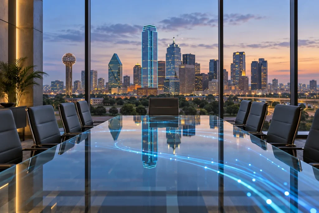 Conceptual illustration of an empty boardroom with a Dallas skyline and blue connectivity accents