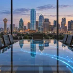Conceptual illustration of an empty boardroom with a Dallas skyline and blue connectivity accents