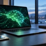 Conceptual illustration of an unbranded laptop displaying an abstract green neural network