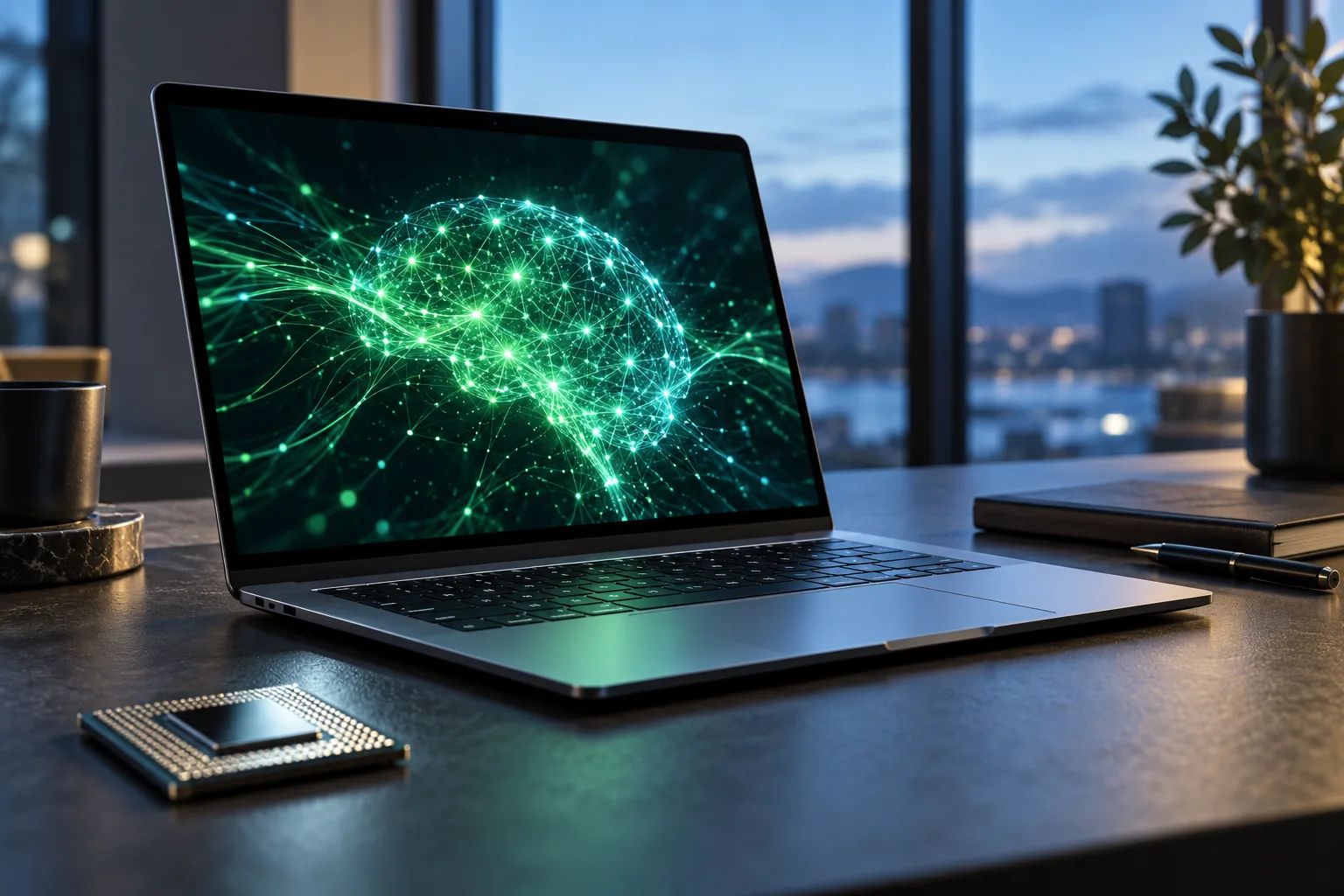 Conceptual illustration of an unbranded laptop displaying an abstract green neural network