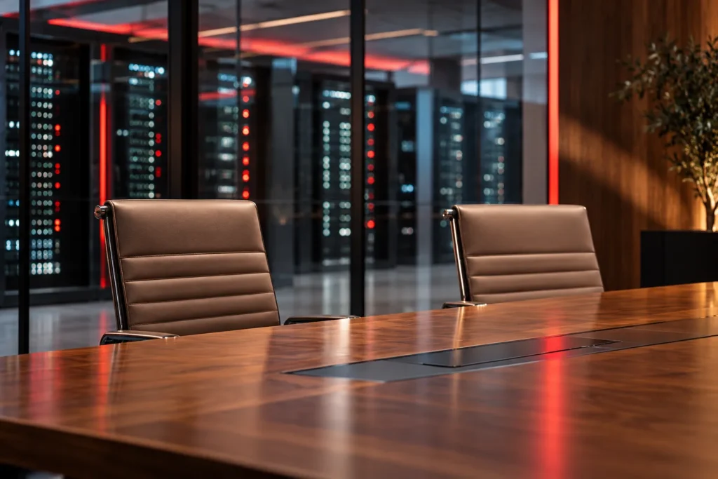 Conceptual illustration of two empty boardroom chairs with server racks and a red accent light