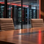 Conceptual illustration of two empty boardroom chairs with server racks and a red accent light