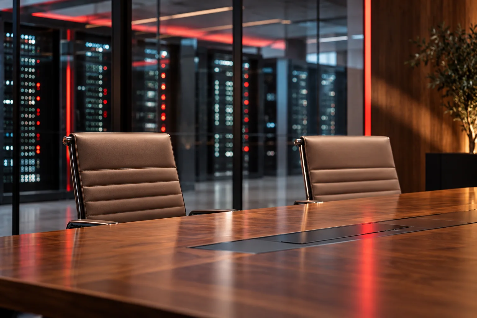 Conceptual illustration of two empty boardroom chairs with server racks and a red accent light