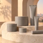 Conceptual illustration of unbranded skincare containers on a European-inspired display