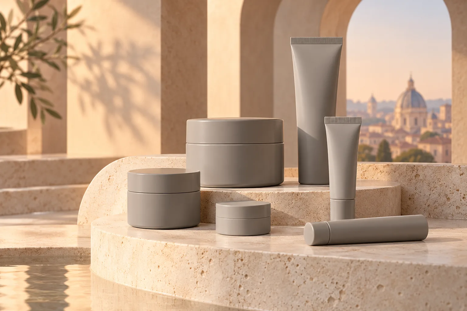 Conceptual illustration of unbranded skincare containers on a European-inspired display