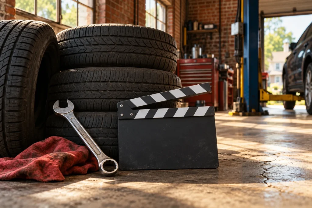 Conceptual illustration of tires, a wrench and a film clapperboard in a brick garage