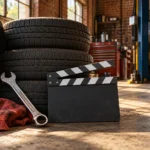Conceptual illustration of tires, a wrench and a film clapperboard in a brick garage